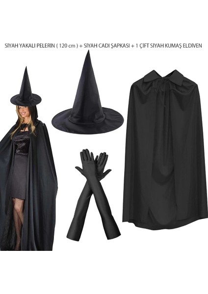 Bfs 120 cm Siyah Yakalı Cadı Pelerini Cadı Şapkası ve 1 Çift Siyah Kumaş Eldiven Seti 3 Parça