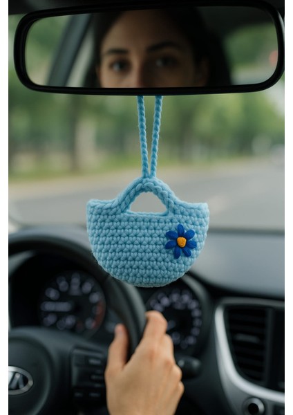 Amigurumi Araba Dikiz Aynası Süsü & Anahtarlık & Çanta Askısı – % 100 El Örgüsü Mavi Çanta