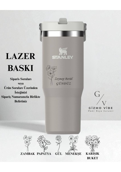 Kişiselleştirilmiş The Iceflow Flip Straw Pipetli Termos Bardak 0,89 Lt Özel Isimli Gri modelleri