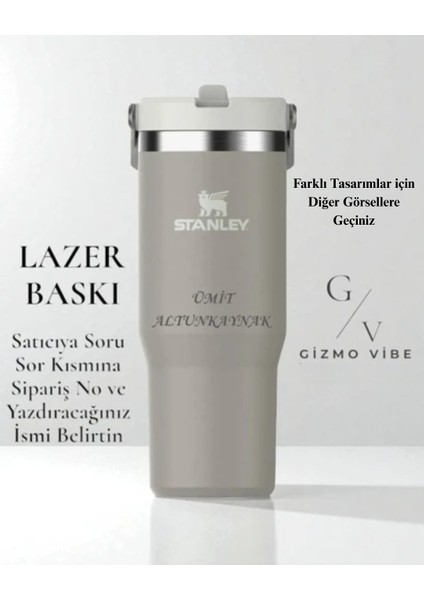 Kişiselleştirilmiş The Iceflow Flip Straw Pipetli Termos Bardak 0,89 Lt Özel Isimli Gri indirimleri