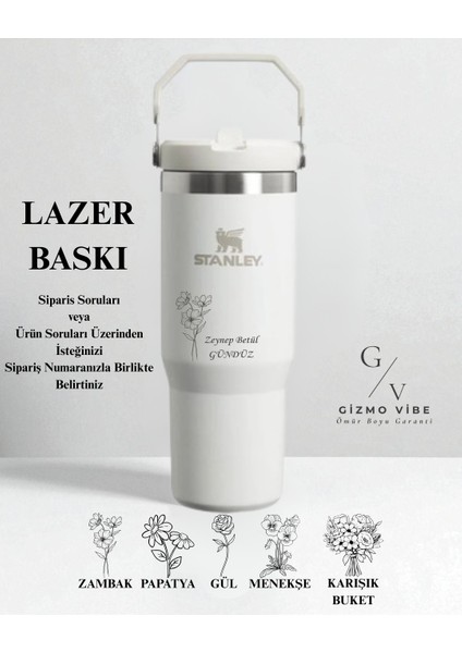 Kişiselleştirilebilir The Iceflow Flip Straw Pipetli Termos 0,89 L Beyaz Özel İsimli