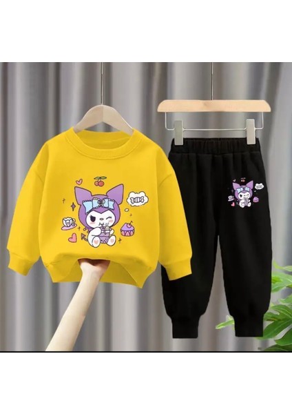 Özel Tasarım Kuromi Party Zamanı Baskılı Şardonlu Kışlık Kız Çocuk Eşofman Takımı