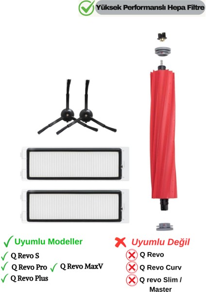 Roborock Qrevo Maxv / Qrevo Pro / Qrevo S / Qrevo Plus Uyumlu Hepa Filtre,fırça Yedek Seti-5 Parça