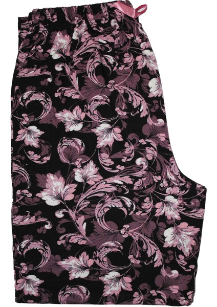 Büyük Beden Pijama Altı Siyah Desenli Yüksek Bel Uzun Mor Çiçek Desenli