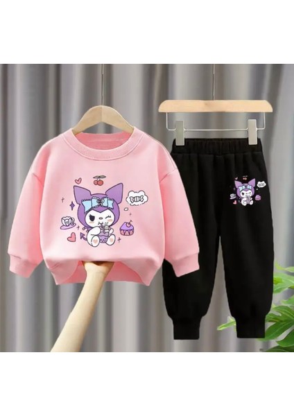 Özel Tasarım Kuromi Party Zamanı Baskılı Şardonlu Kışlık Kız Çocuk Eşofman Takımı