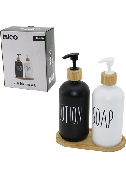 2li Set Cam Sıvı Sabunluk - Losyonluk 2X500MLBOYALI Cam=siyah-Beyaz Ahşap Bambu Altlık - Kapak (4887)
