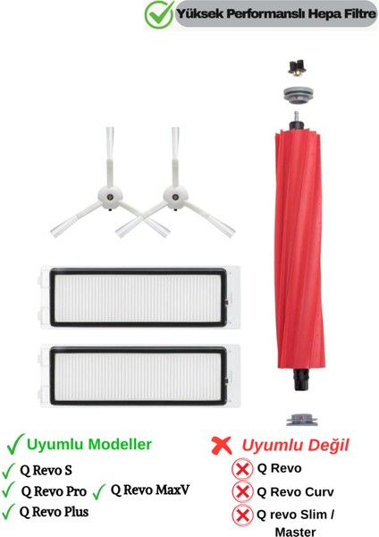 Roborock Qrevo S / Qrevo Pro / Qrevo Maxv / Qrevo Plus Uyumlu Hepa Filtre,fırça Yedek Seti-5 Parça