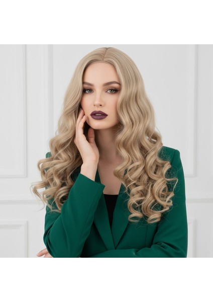 Dalgalı Perçemsiz Uzun Fiber Sentetik Peruk / Platin