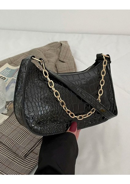Şık Timsah Kabartmalı Zincir Koltuk Altı Omuz Çantası