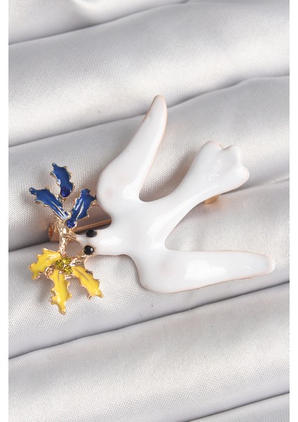 Pirinç Gold Renk Beyaz Kuş Model Zirkon Taşlı Sarı Lacivert Yaprak Detay Kadın Broş