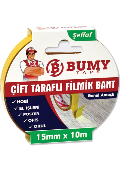 Çift Taraflı Filmik Bant 15MM x 10MT Şeffaf
