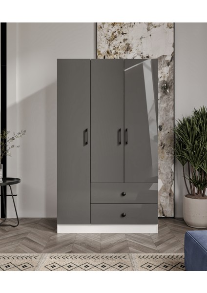 %100 Mdf 3 Kapaklı 2 Çekmeceli 7 Raflı Gardırop Elbise Dolabı– 182X105X52 cm High Gloss Antrasit Kapak Cabinse