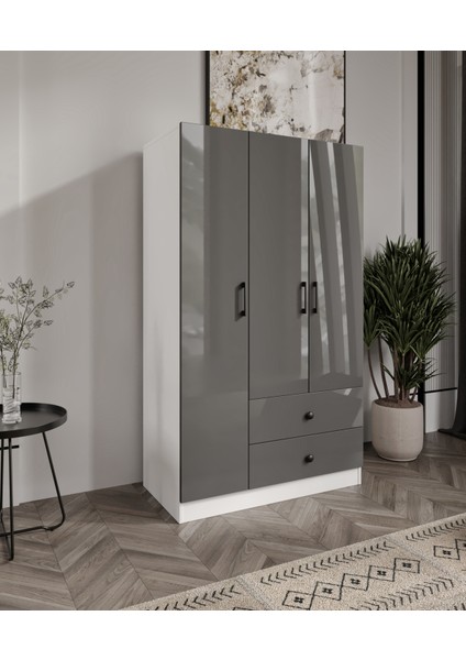 %100 Mdf 3 Kapaklı 2 Çekmeceli 7 Raflı Gardırop Elbise Dolabı– 182X105X52 cm High Gloss Antrasit Kapak Cabinse modelleri
