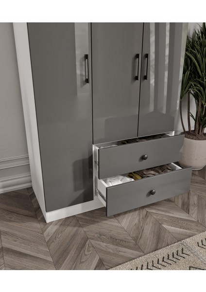 %100 Mdf 3 Kapaklı 2 Çekmeceli 7 Raflı Gardırop Elbise Dolabı– 182X105X52 cm High Gloss Antrasit Kapak Cabinse fırsatları