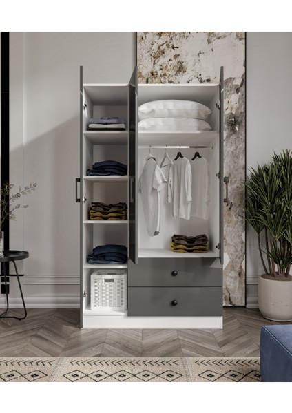 %100 Mdf 3 Kapaklı 2 Çekmeceli 7 Raflı Gardırop Elbise Dolabı– 182X105X52 cm High Gloss Antrasit Kapak Cabinse indirimleri