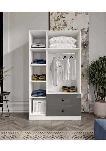 %100 Mdf 3 Kapaklı 2 Çekmeceli 7 Raflı Gardırop Elbise Dolabı– 182X105X52 cm High Gloss Antrasit Kapak Cabinse