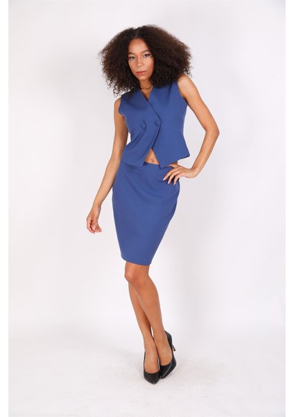 Kruvaze Çapraz Yelek & Yırtmaçlı Düz Dar Etek-Indigo