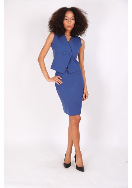 Kruvaze Çapraz Yelek & Yırtmaçlı Düz Dar Etek-Indigo fiyatları