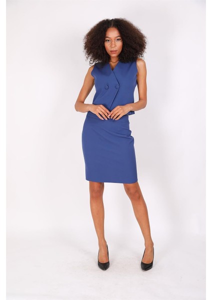 Kruvaze Çapraz Yelek & Yırtmaçlı Düz Dar Etek-Indigo fırsatları