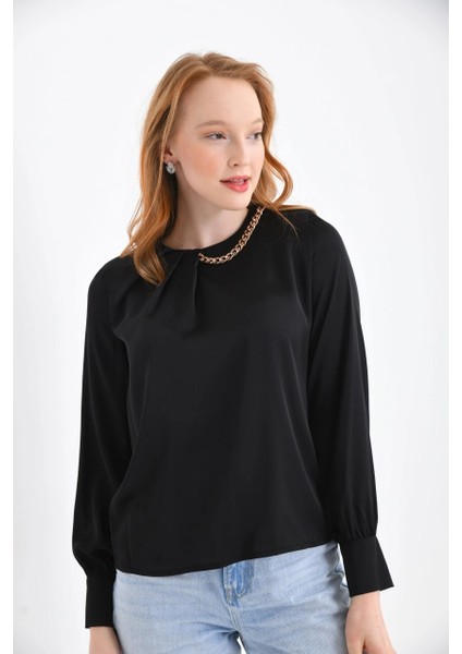 Kadın Gömlek Yakası Gold Zincir Detaylı Kadın Gömlek Siyah - 22029