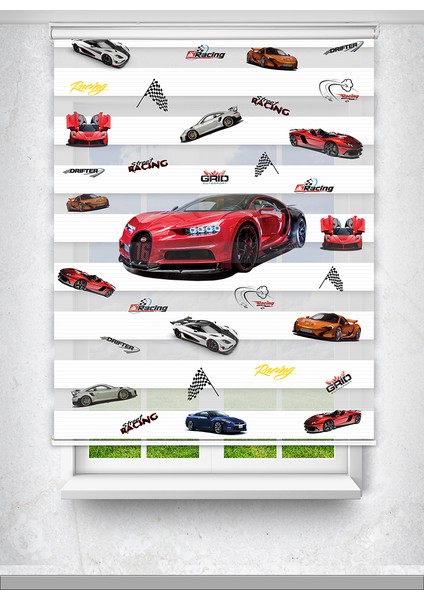 Kırmızı Bugatti ve Spor Araba Baskılı Çocuk Odası Perdesi - Dijital Baskılı Zebra Stor Perde