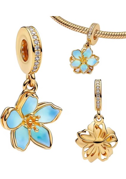 Gold Mavi Çiçek Sallantılı Charm