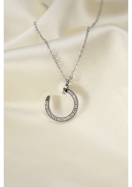 Çelik Silver Renk Zirkon Taşlı Çivi Model Kadın Kolye