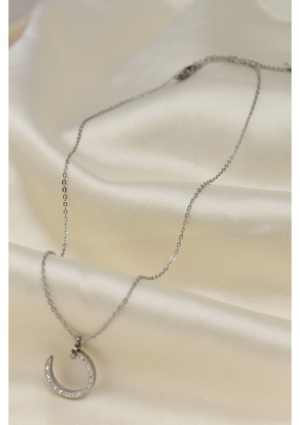 Çelik Silver Renk Zirkon Taşlı Çivi Model Kadın Kolye fiyatları