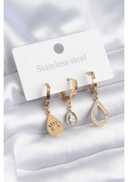 316L Çelik Gold Renk Damla Model Göz Işleme Zirkon Taş Detay Kadın Küpe