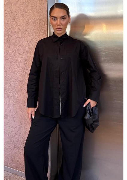 Siyah Düz Kesim Düğmeli Kadın Gömlek MG2583