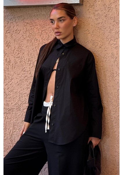 Siyah Düz Kesim Düğmeli Kadın Gömlek MG2583 modelleri