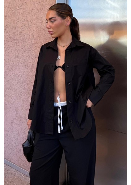 Siyah Düz Kesim Düğmeli Kadın Gömlek MG2583 indirimleri