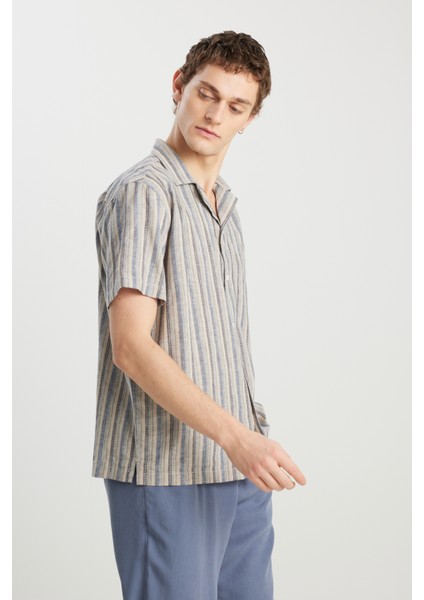 Relaxed Fit Geniş Kesim Pamuk Keten Karışımlı Çizgili Gömlek fiyatları
