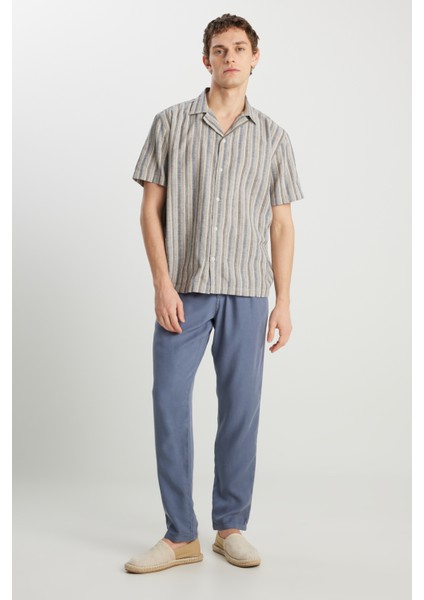 Relaxed Fit Geniş Kesim Pamuk Keten Karışımlı Çizgili Gömlek modelleri