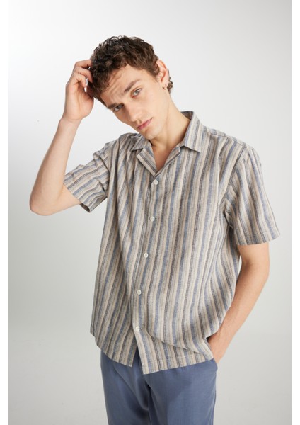 Relaxed Fit Geniş Kesim Pamuk Keten Karışımlı Çizgili Gömlek fırsatları