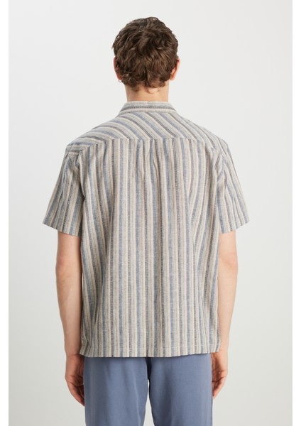 Relaxed Fit Geniş Kesim Pamuk Keten Karışımlı Çizgili Gömlek indirimleri
