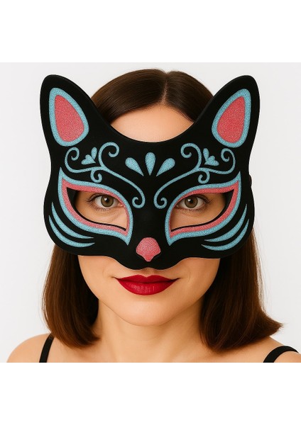 Siyah Renk Süet Kaplama Üzeri Mavi Kırmızı Simli Kedi Maskesi 17X14 cm