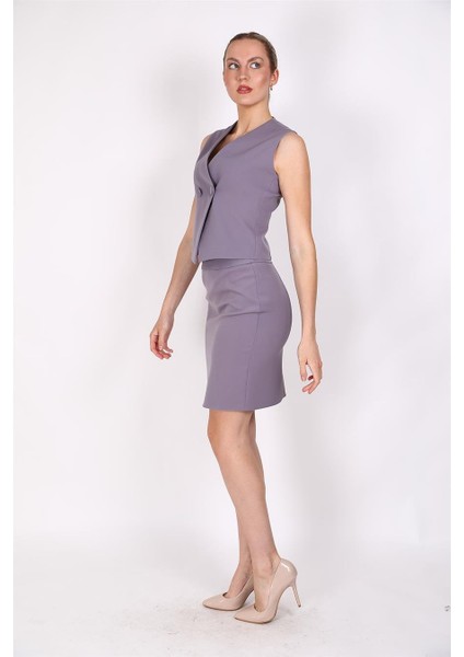 Kruvaze Çapraz Yelek & Yırtmaçlı Düz Dar Etek-Antrasit fiyatları