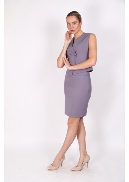 Kruvaze Çapraz Yelek & Yırtmaçlı Düz Dar Etek-Antrasit indirimleri