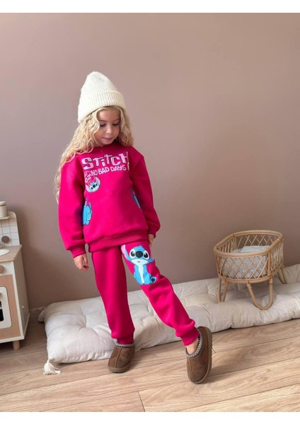 Kız Çocuk Stitch Baskılı Içi Polarlı Beli Lastikli Bağcıklı Pamuklu Kumaş Pembe Renk Alt Üst Takım