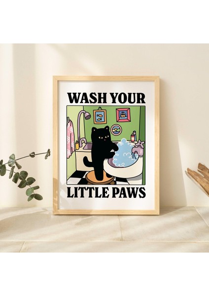 Patilerini Yıka Yeşil Kedi Baskısı, Sevimli Banyo Posteri, Tuvalet Odası Çocuk Bulaşık Yıkama Posterleri