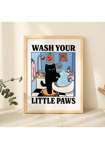 Patilerini Yıka Yeşil Kedi Baskısı, Sevimli Banyo Posteri, Tuvalet Odası Çocuk Bulaşık Yıkama Posterleri modelleri