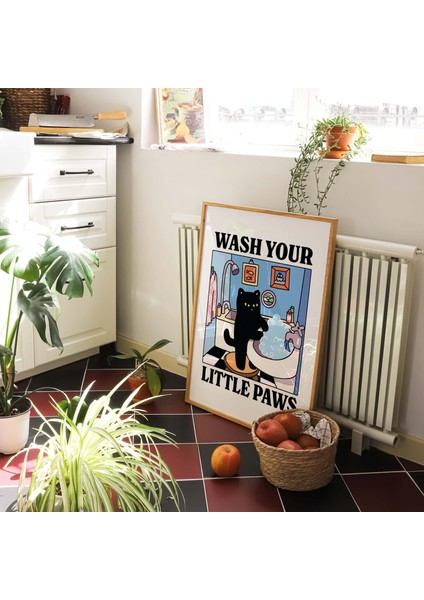 Patilerini Yıka Yeşil Kedi Baskısı, Sevimli Banyo Posteri, Tuvalet Odası Çocuk Bulaşık Yıkama Posterleri fırsatları