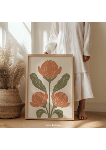 Sönük Yeşil ve Yanık Turuncu Soyut Çiçek Desenleri - Eklektik Odalar Için Modern Bohem Dekor | Bohem Şık Duvar Sanatı |