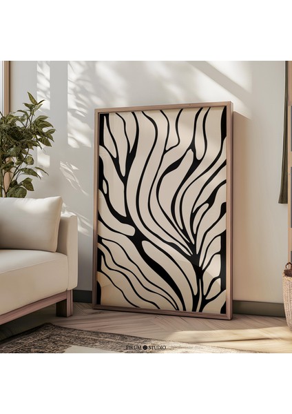 Kasvetli Organik Soyut Çizgi Sanatı, Siyah ve Bej Orta Yüzyıl Modern Sanatı