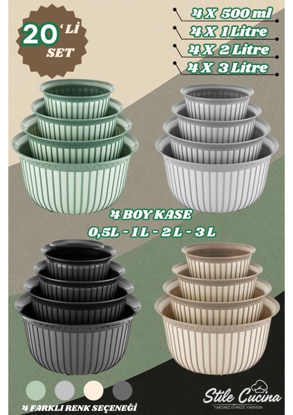 20'li Ekonomik Linea Yuvarlak Kase Seti Antrasit 4X(500 Ml- 1 Litre- 2 Litre- 3 Litre)