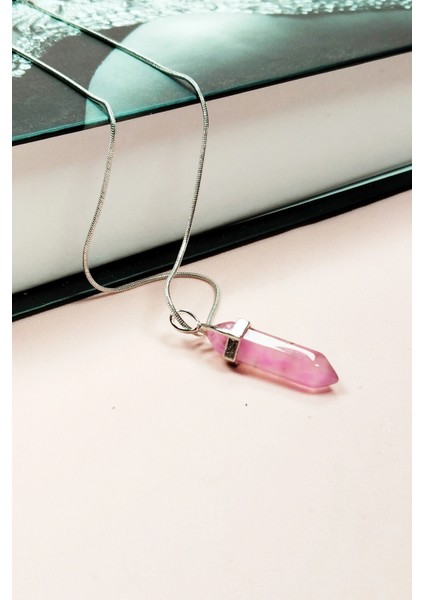Pembe Kuvars Doğal Taşı Zincirli El Yapımı Tasarımlı Kolye Uç: 3,5 cm Zincir: 20 cm Kutulu fırsatları