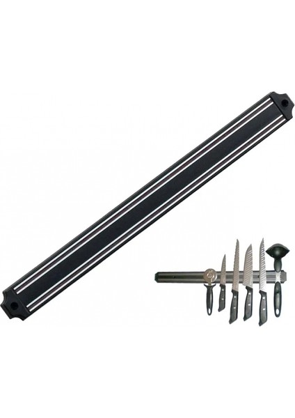 Mıknatıslı Bıçak Tutucu Stand - 38 cm - Siyah - Paslanmaz Çelik - Mutfak Düzeni - Güvenli Bıçak Saklama - Tezgâh Düzeni - Modern Tasarım