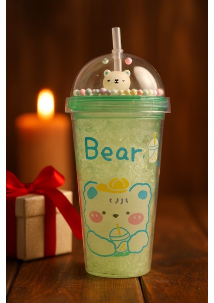Çocuklar Için Sevimli Renkli Boncuklu Luck Bear tasarımlı Pipetli Içecek Bardağı Suluk Yeşil 2093