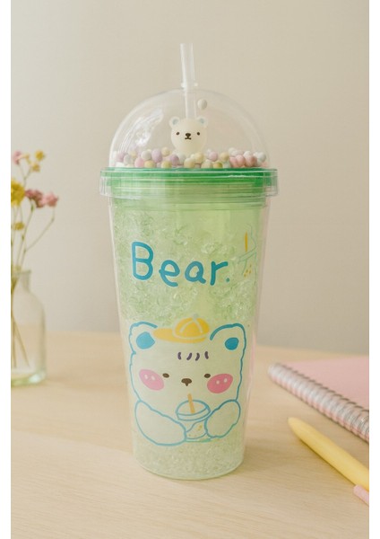 Çocuklar Için Sevimli Renkli Boncuklu Luck Bear tasarımlı Pipetli Içecek Bardağı Suluk Yeşil 2093 modelleri